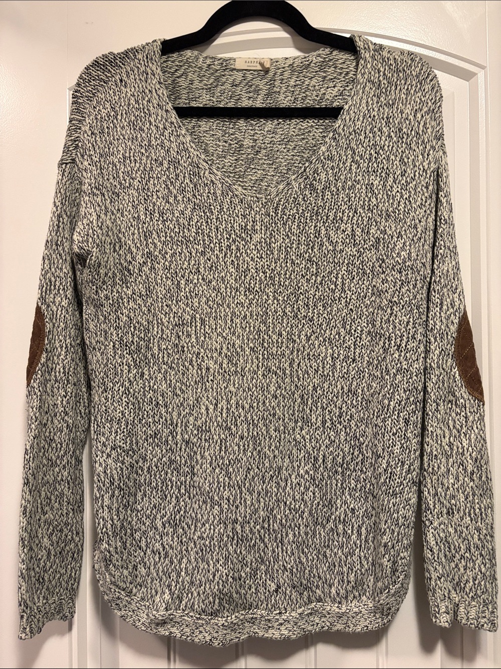 Gray & Cream Marled V-Neck Sweater with Brown Elbow Patches